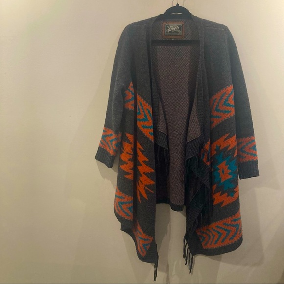 ROOTS Sz M South Western Fringe Open Front Wool Blend Boho Bohemian Cardigan - Picture 2 of 13